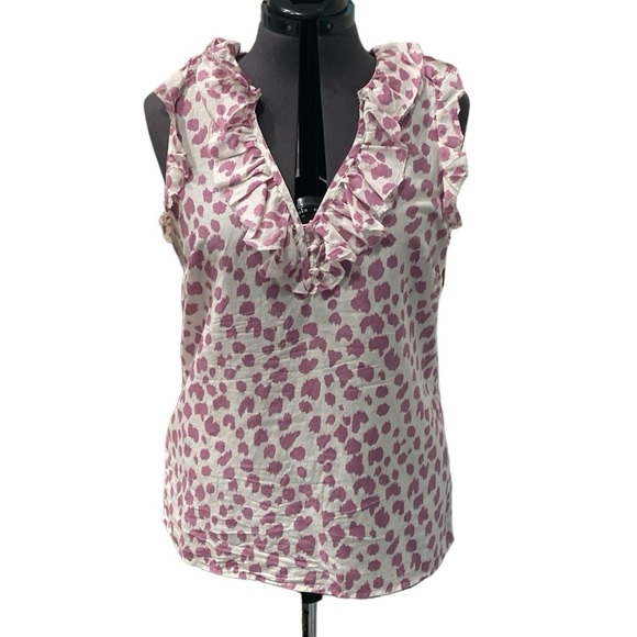 Ann Taylor LOFT Ivory/Pink Heart Tops Size M V-Neck Half-Button India CottonSink - Picture 1 of 9